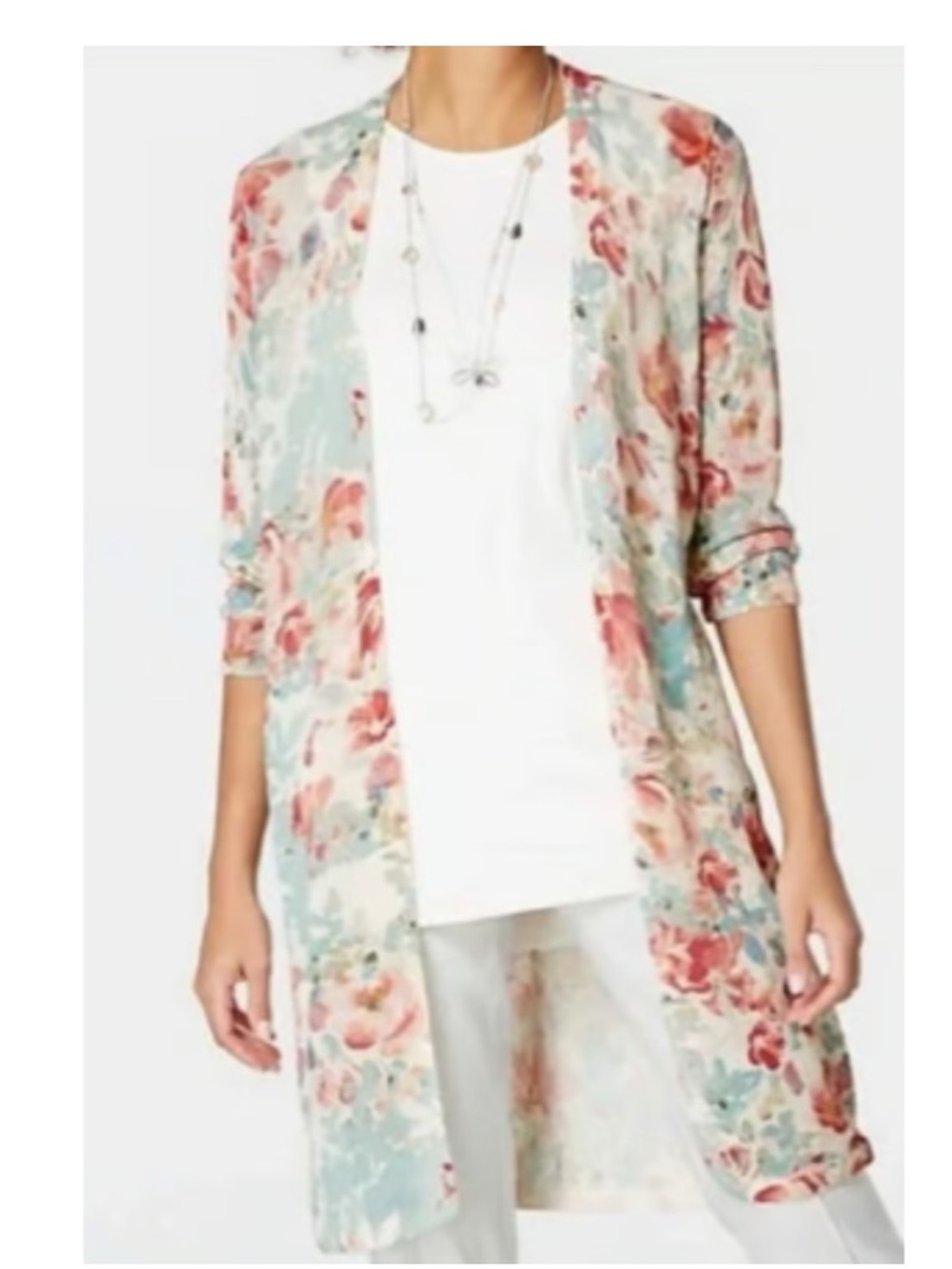 J. Jill Women's Linen Blend Floral Long Cardigan Sweater L Open Front 3/4 Sleeve